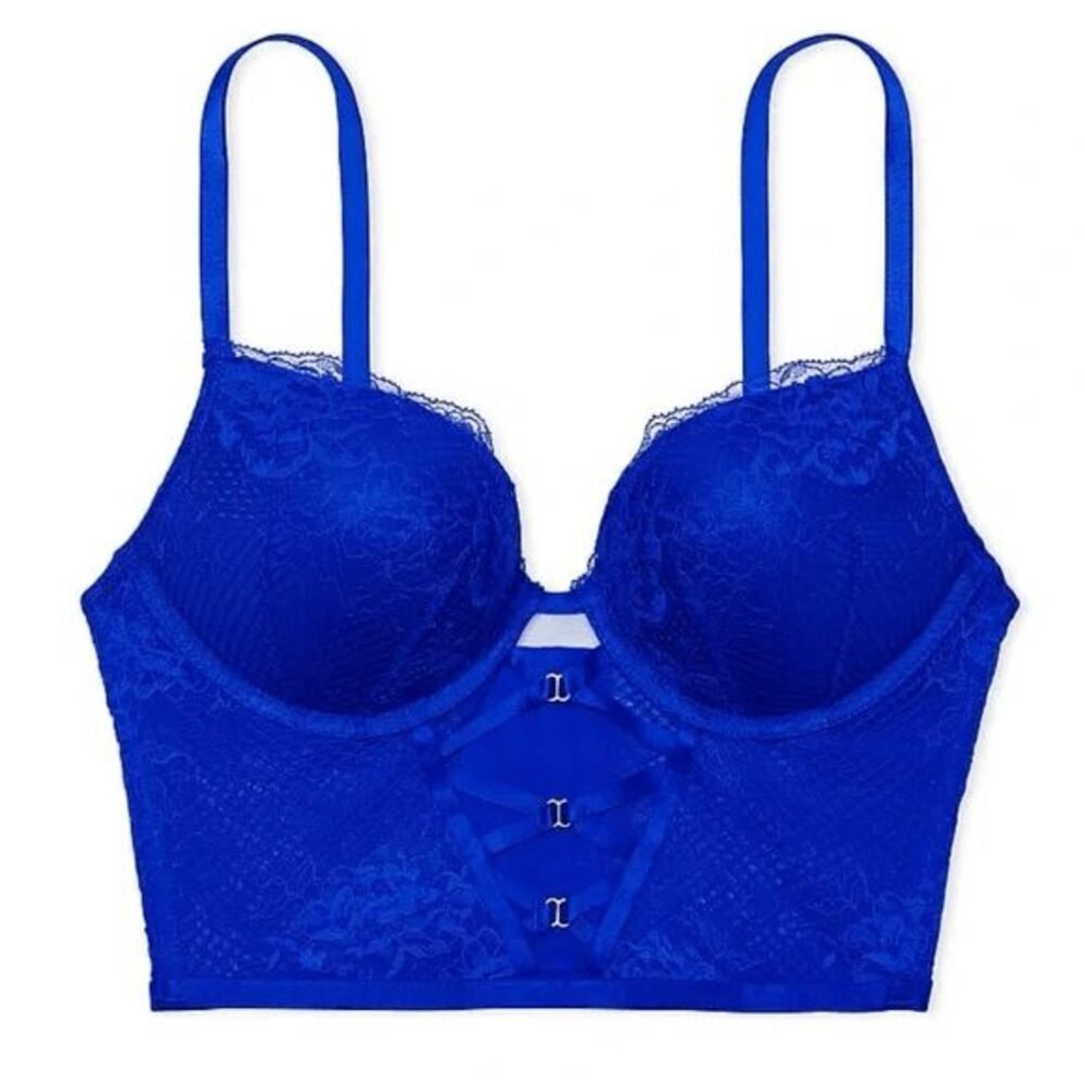 Victorias Secret Royal Blue Lace Corset Bombshell Plunge Push Up Bra 34D - Picture 11 of 14